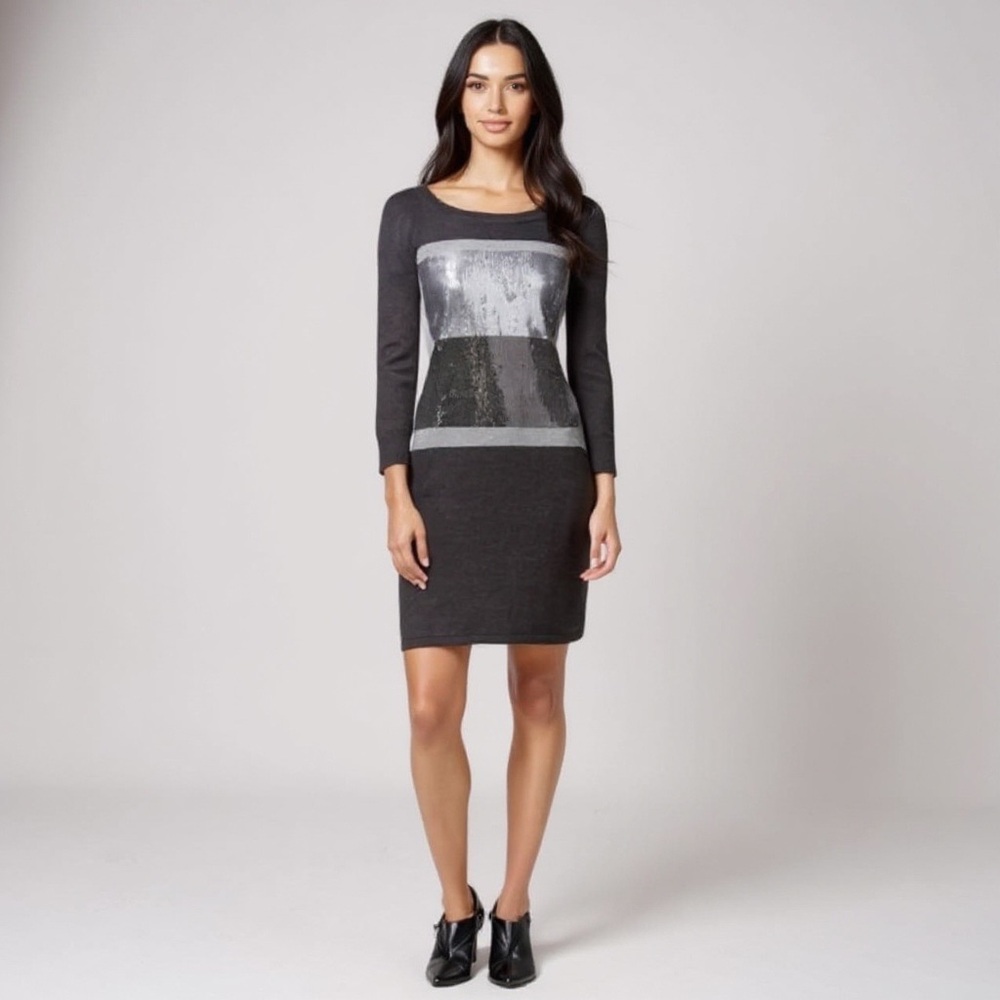 Calvin Klein Gray and Silver Long Sleeve Sweater Dress